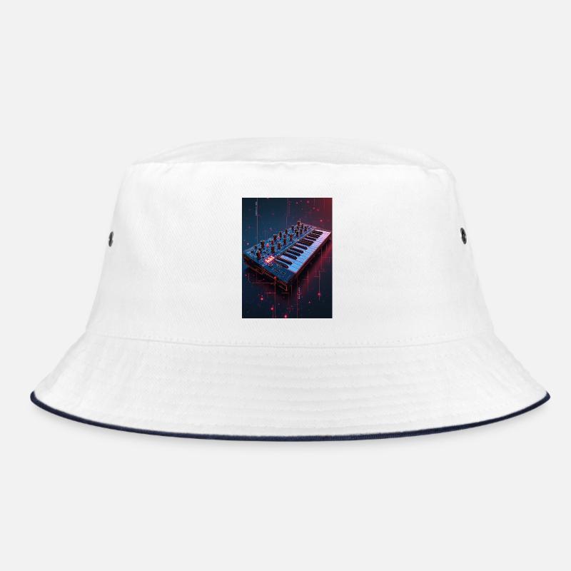 Futuristische Synthwave Musikkonsole - Bucket Hat - Weiß/Navy