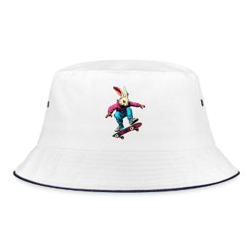 Hasen Skateboard / Skater Hase - Bucket Hat - Weiß/Navy - Vorne
