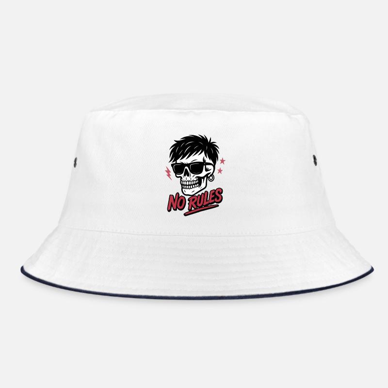 Edgy Skull with Sunglasses and No Rules Text - Bucket Hat - white/navy