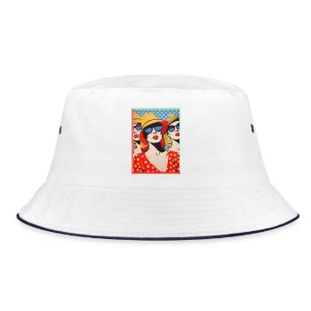 Trois dames Pop Art avec chapeaux de soleil Soleil de vacances - Bob - blanc/marine - Devant