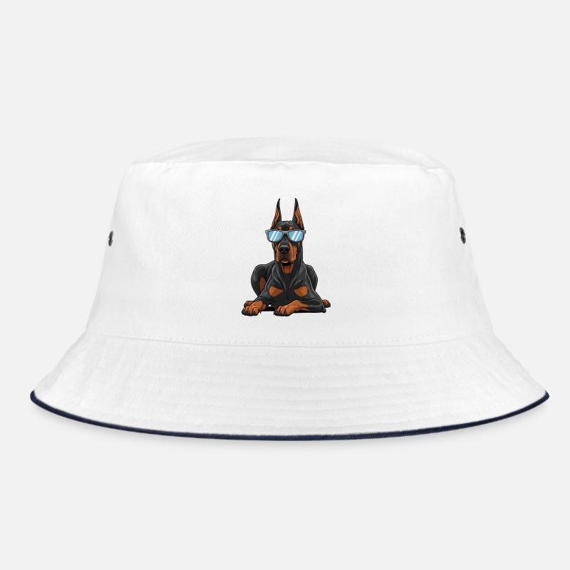 Cooler Dobermann mit Sonnenbrille - Bucket Hat - Weiß/Navy