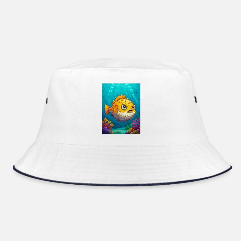 Comic style pufferfish, round spiky inflated body Bucket Hat