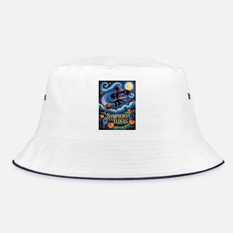 Witch Kitten Flying Over Halloween Graveyard Bucket Hat