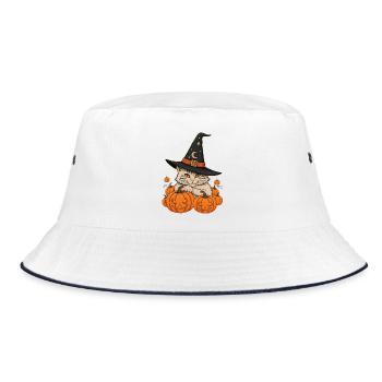 Whiskered Witch Among Pumpkins - Bucket Hat - white/navy - Front