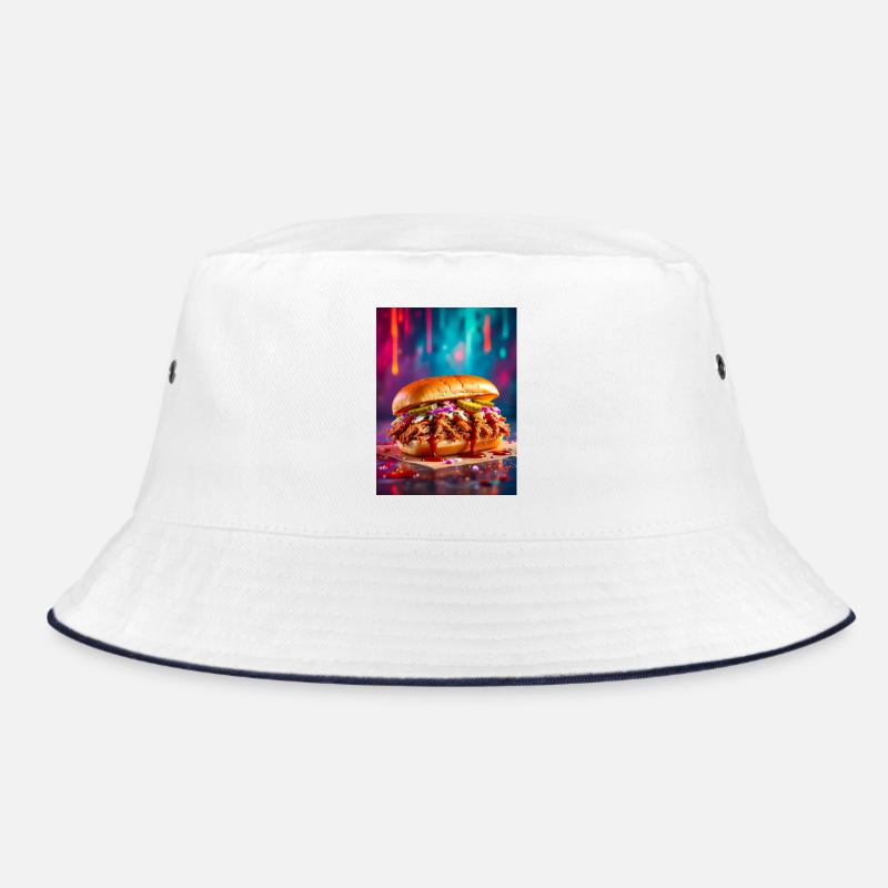 Juicy pulled pork burger surrounded by explosive Bucket Hat