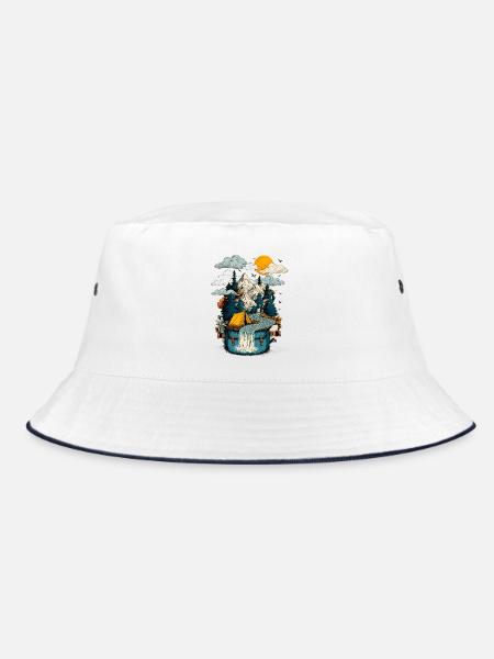 Bergsee Pfad - Camping Backpacker Motiv - Bucket Hat - Weiß/Navy - Vorne