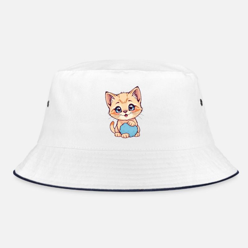 Kätzchen mit blauem Flauschball - Bucket Hat - Weiß/Navy
