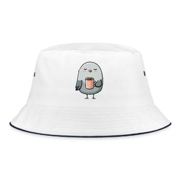 Gemütliche Taube mit Kaffeetasse - Bucket Hat - Weiß/Navy - Vorne