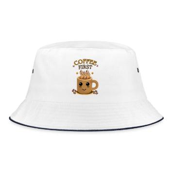 Coffee First – Kawaii | Kaffeetasse Motiv - Bucket Hat - Weiß/Navy - Vorne