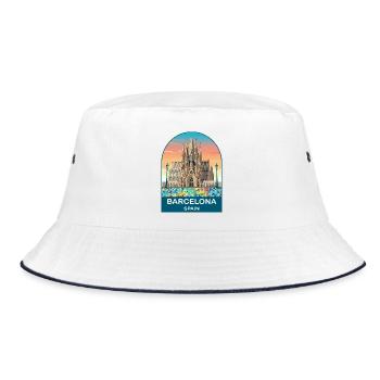 Barcelona Spanien Vintage-Reiseplakat - Bucket Hat - Weiß/Navy - Vorne