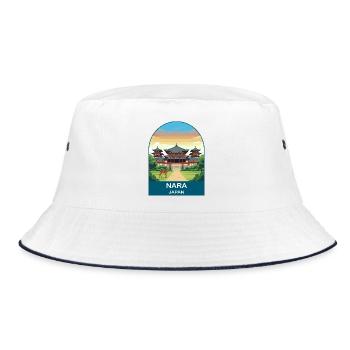 Nara Japan Temple and Deer Vintage Travel Art - Bucket Hat - white/navy - Front