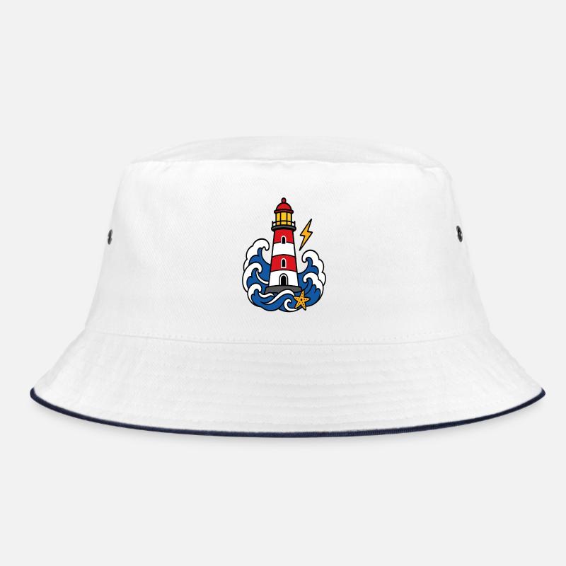 Marine lighthouse and waves tattoo style Bucket Hat
