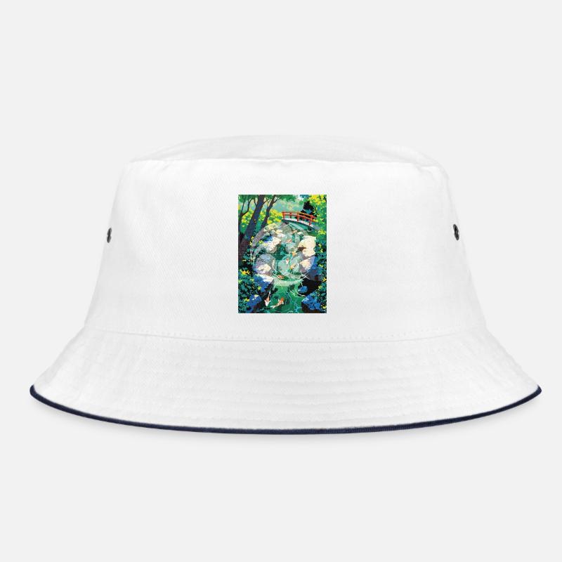 Japanische Koi-Flusslandschaft mit Kamon-Design - Bucket Hat - Weiß/Navy