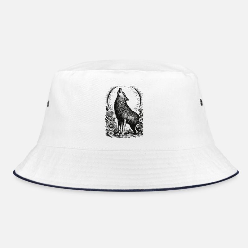 Howling Wolf in Floral Circular Frame - Bucket Hat - white/navy