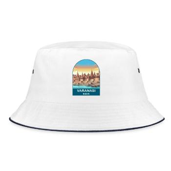 Varanasi India Ganges Ghats Vintage Travel Art - Bucket Hat - white/navy - Front