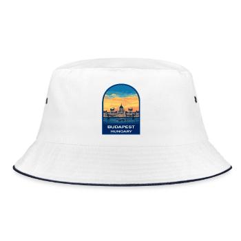 Budapester Ungarns Parlament Retro-Sonnenuntergangsabzeichen - Bucket Hat - Weiß/Navy - Vorne