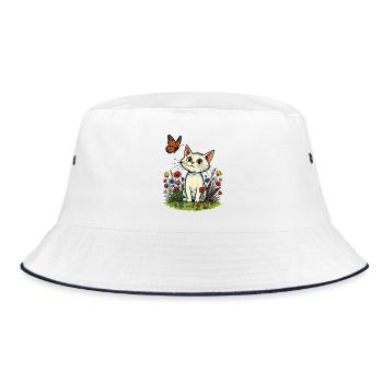 White cat with butterfly on flower meadow - Bucket Hat - white/navy - Front