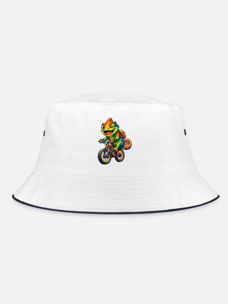 Chamäleon auf dem Fahrrad - Bucket Hat - Weiß/Navy - Vorne