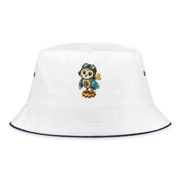 Steampunk-Eule mit Zahnrädern - Bucket Hat - Weiß/Navy - Vorne