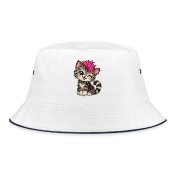 Punk Katze mit pinkem Iro – Stickmotiv Optik - Bucket Hat - Weiß/Navy - Vorne