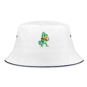 Kompass-Chamäleon mit Rucksack - Bucket Hat - Weiß/Navy - Vorne