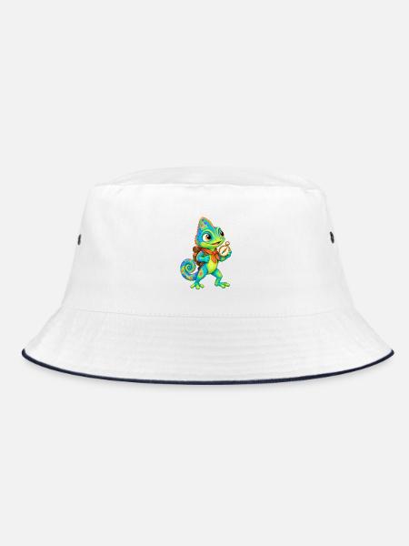 Kompass-Chamäleon mit Rucksack - Bucket Hat - Weiß/Navy