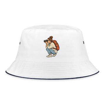 Reisefotografin mit Kamera - Bucket Hat - Weiß/Navy - Vorne