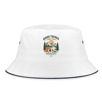 Gute Dinge brauchen Zeit – Campinglandschaft - Bucket Hat - Weiß/Navy - Vorne