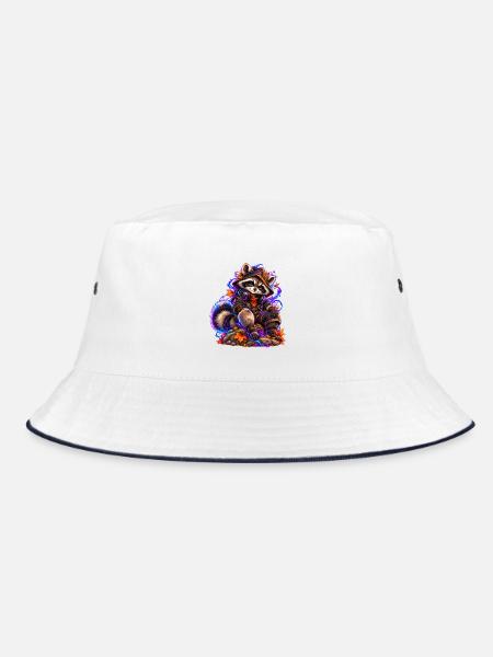 Neon-Waschbär mit Herbstlaub - Bucket Hat - Weiß/Navy