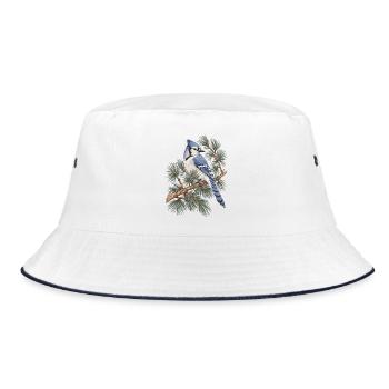 Blauer Eichelhäher auf Kiefernzweigen - Bucket Hat - Weiß/Navy - Vorne