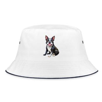 Boston Terrier Hundesitting - Bucket Hat - Weiß/Navy - Vorne
