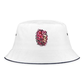 Totenkopffrau, Schädel, Schmetterlingsblüten, rosa Lilien - Bucket Hat - Weiß/Navy - Vorne