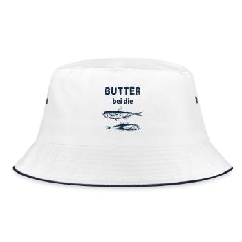 Butter bei die Fische, Spruch, Norddeutsch Maritim - Bucket Hat - Weiß/Navy - Vorne