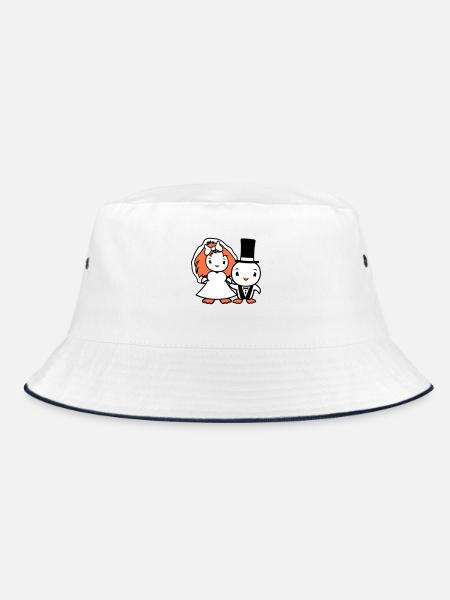 2 Birds Wedding Couple Ducks Wedding Man Woman Cute - Bucket Hat - white/navy - Front
