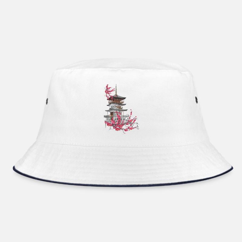 Pagode und Sakura - Bucket Hat - Weiß/Navy