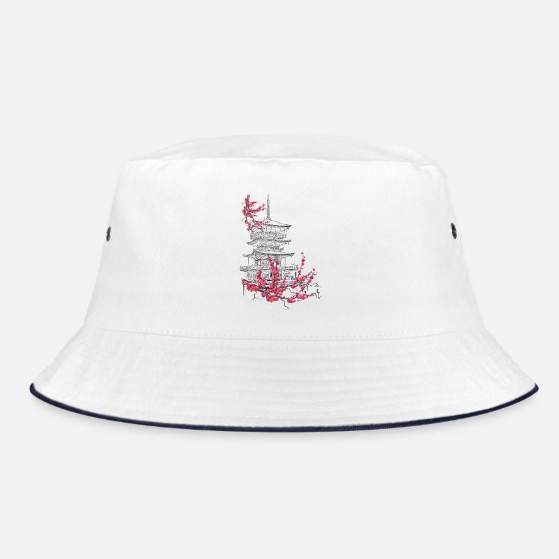 Pagode und Sakura - Bucket Hat - Weiß/Navy