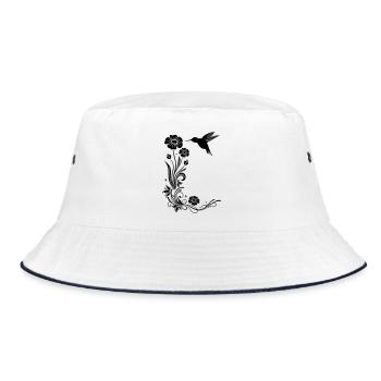 Floral motif with flowers and hummingbird. - Bucket Hat - white/navy - Front