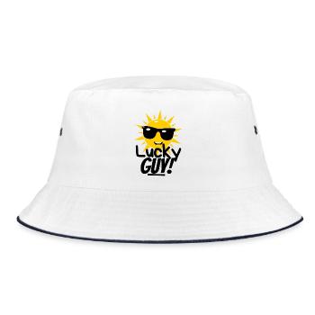 Lucky Guy – Lustiges Sommer Shirt mit Sonne - Bucket Hat - Weiß/Navy - Vorne