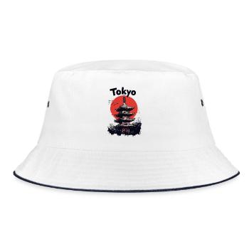 Tokio Japan Pagode Stadt Skyline Sonne Berg - Bucket Hat - Weiß/Navy - Vorne