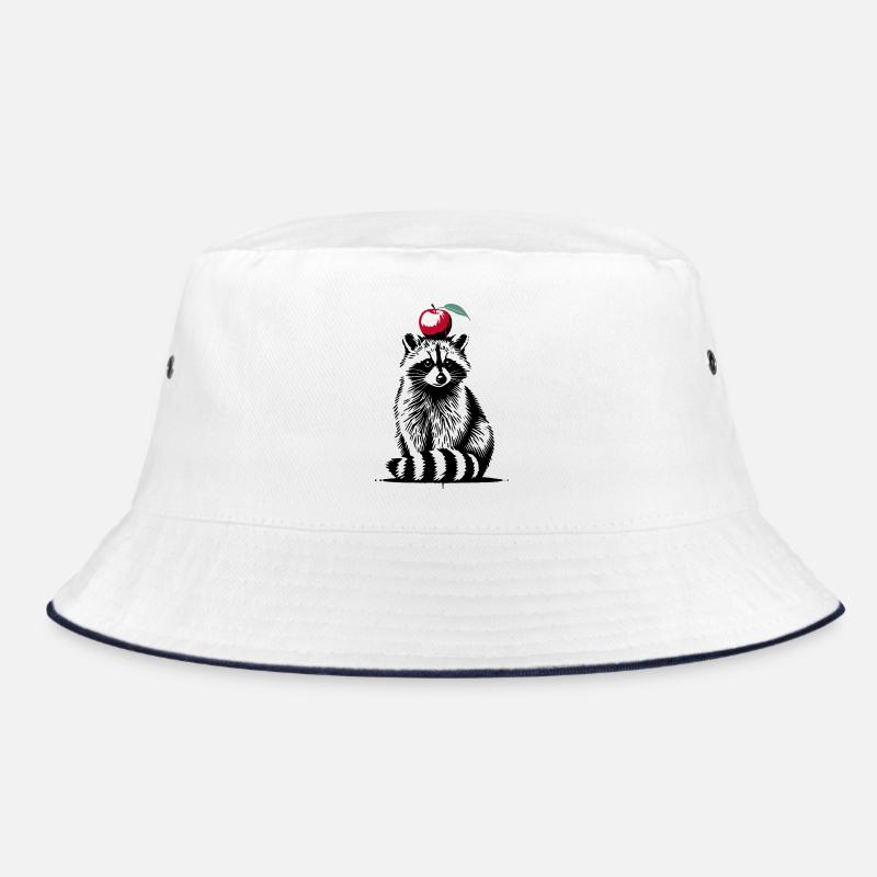 Waschbär mit Apfel – Verspieltes Stencil-Design - Bucket Hat - Weiß/Navy