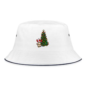 Rentier Elmondo vor buntem Weihnachtsbaum - Bucket Hat - Weiß/Navy - Vorne