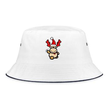 Comic-Rentier Elmondo winkend mit Weihnachtsmütze - Bucket Hat - Weiß/Navy - Vorne