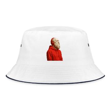 Sokrates in rotem Kapuzenpullover und Kopfhörern - Bucket Hat - Weiß/Navy - Vorne