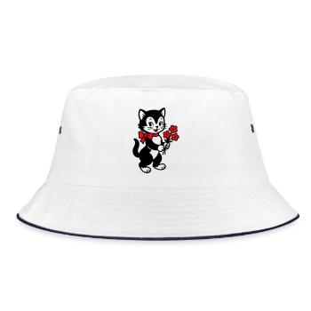 Schwarze Katze mit rotem Band - Bucket Hat - Weiß/Navy - Vorne
