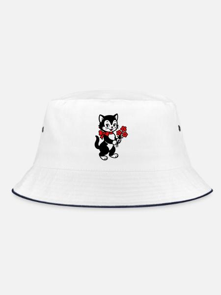 Schwarze Katze mit rotem Band - Bucket Hat - Weiß/Navy - Vorne