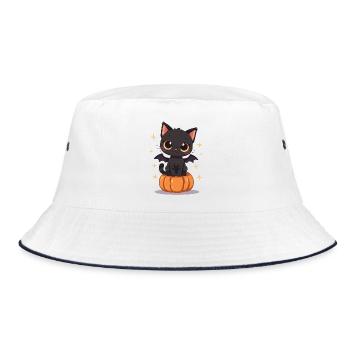 Cute Black Cat with Bat Wings Pumpkin - Bucket Hat - white/navy - Front