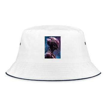 Rosa Neon-Mech-Porträt - Bucket Hat - Weiß/Navy - Vorne
