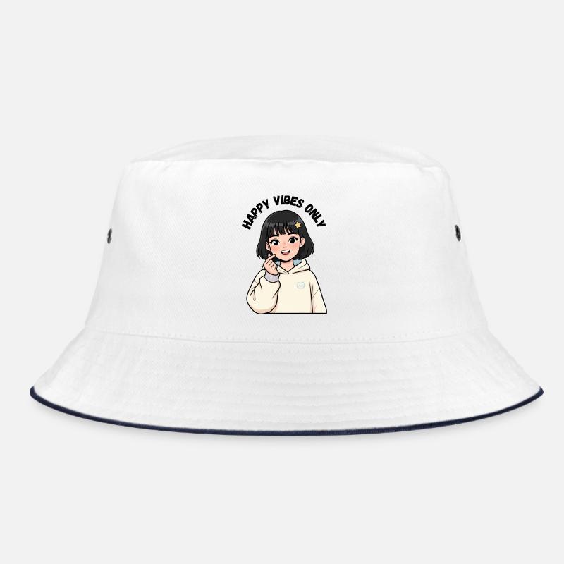 Cremefarbenes Sweatshirt mit Kawaii Mädchen - Bucket Hat - Weiß/Navy