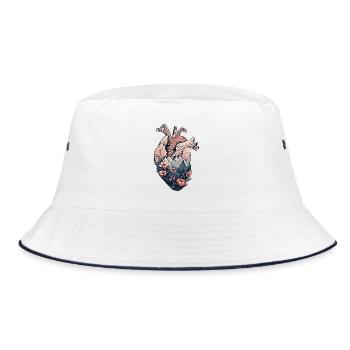 Anatomisches Herz mit Bergen und Blumen - Bucket Hat - Weiß/Navy - Vorne