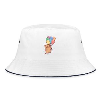 Niedlicher lächelnder Quokka, der mit Regenbogenballons fliegt - Bucket Hat - Weiß/Navy - Vorne